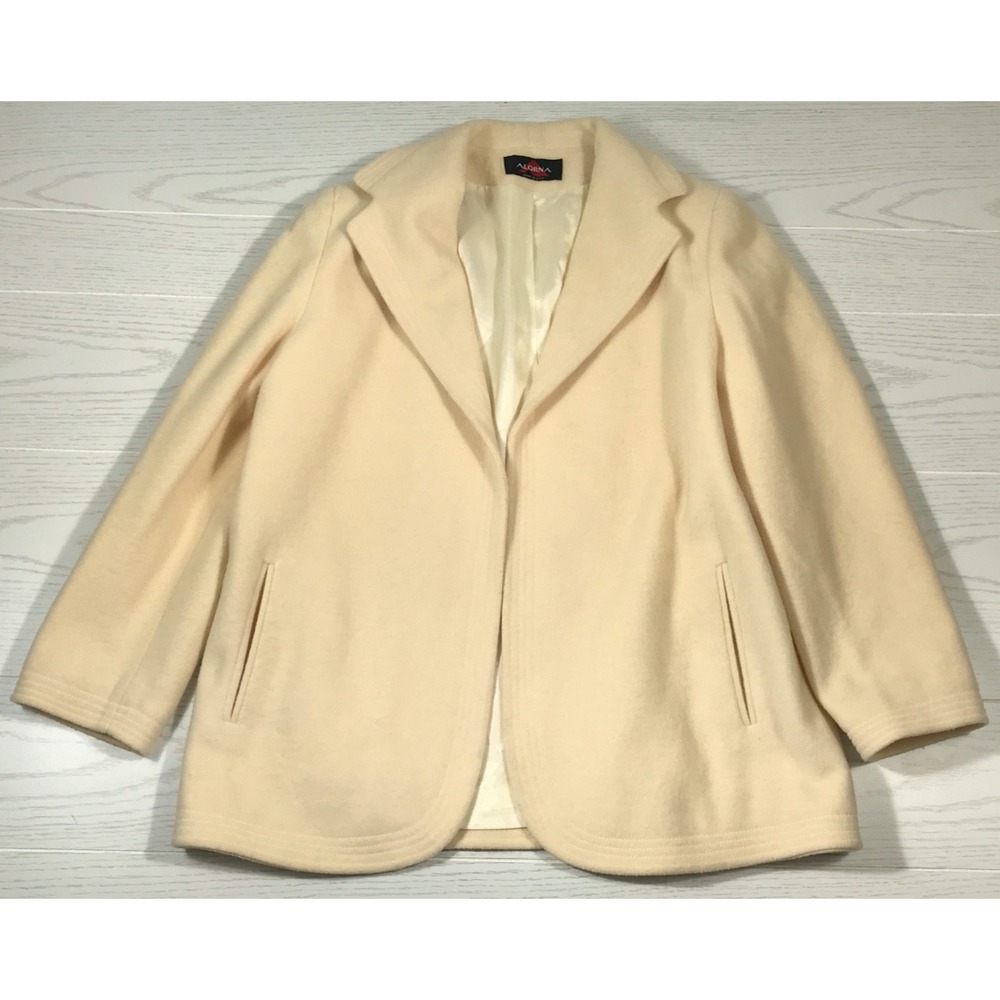 Vintage 80s Wool Coat Women XL Alorna Beige Open Front Pockets Sating Lined USA
